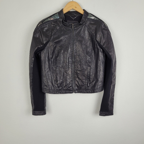 Bcbg black 100% leather moto sequin zipper jacket - Picture 16 of 16